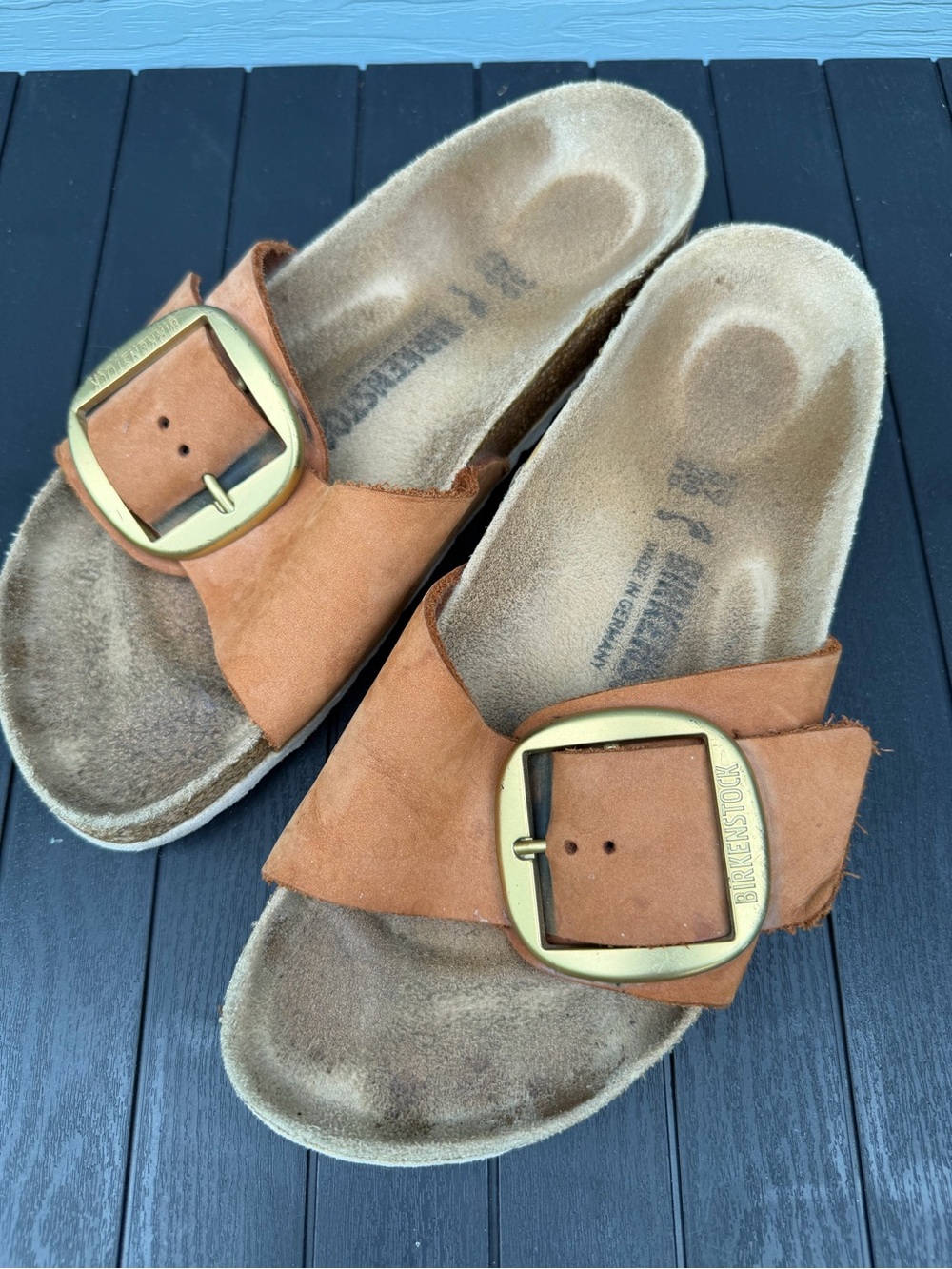 Birkenstock Madrid Big Buckle Sandals in Cognac Oiled Leather Sz 39 8-8.5 US